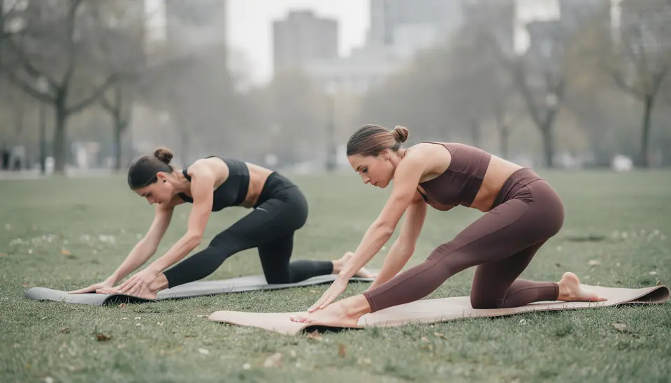 Two women stretching on mats in a park