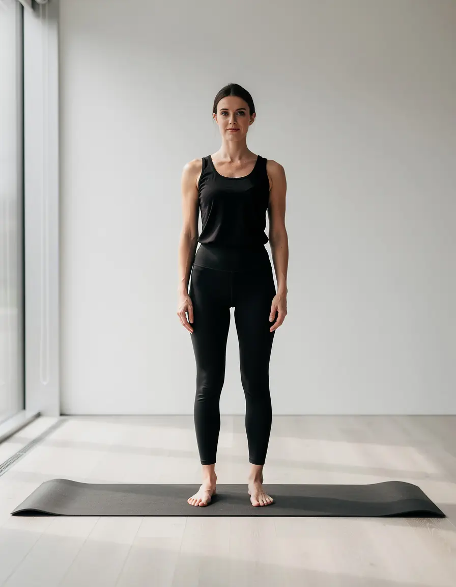 A woman standing on a yoga mat in a bright, empty studio