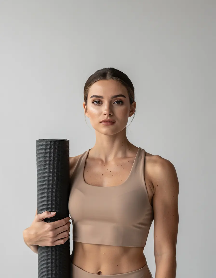 A woman in a sand sports top holding a rolled yoga mat